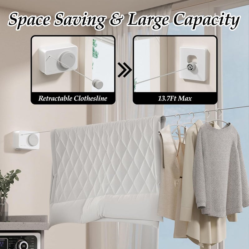 Danpoo Retractable Clothesline Indoor Outdoor, Heavy Duty Anti-Sag Wall Mounted Laundry Drying Line with Stainless Steel Rope - Image 2